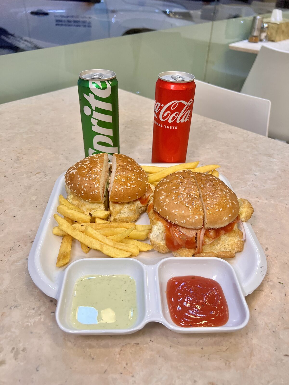 Bun Kabab meal with fries and soft drinks